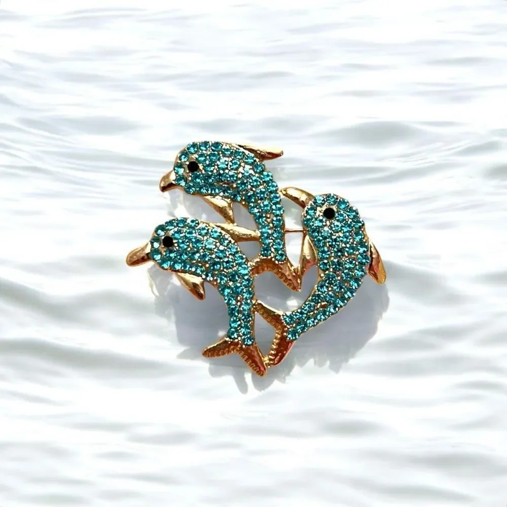 Blue Rhinestone Dolphins Gold Tone Brooch NWT